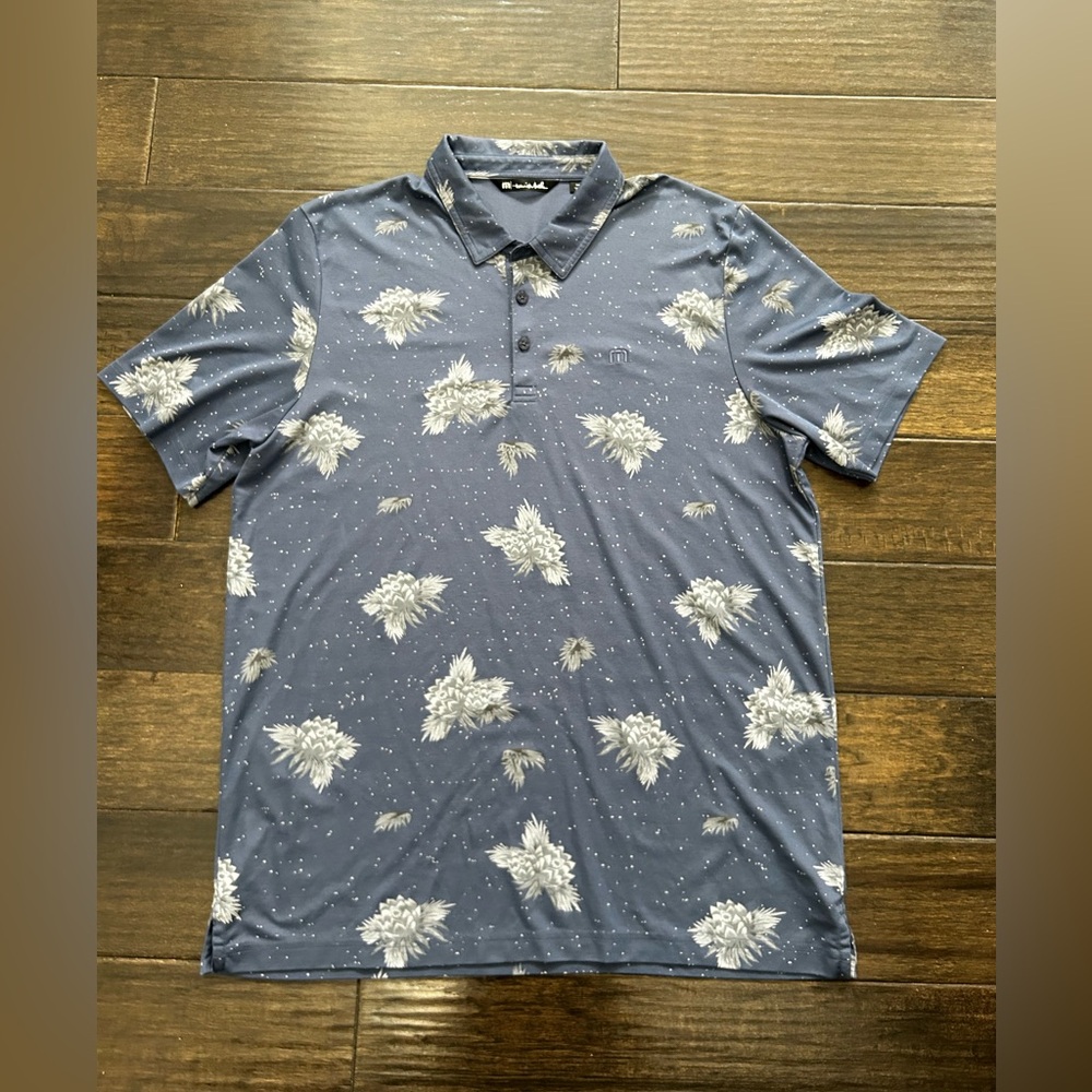 Travis Mathew Polo Shirt Mens XXL Polarized Floral Blue All Over Print